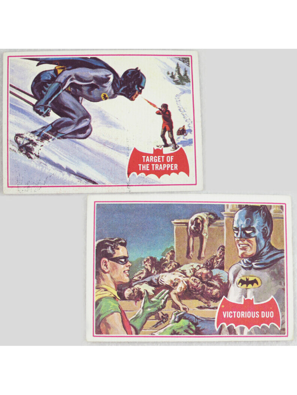 1966 Topps Batman Puzzle Back Cards 4A Target Of The Trapper, 28A Victorious Duo